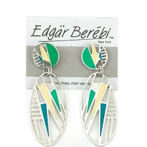 Edgar Berebi Vintage Blue Green Yellow Silver Plated Enamel Dangel Earrings